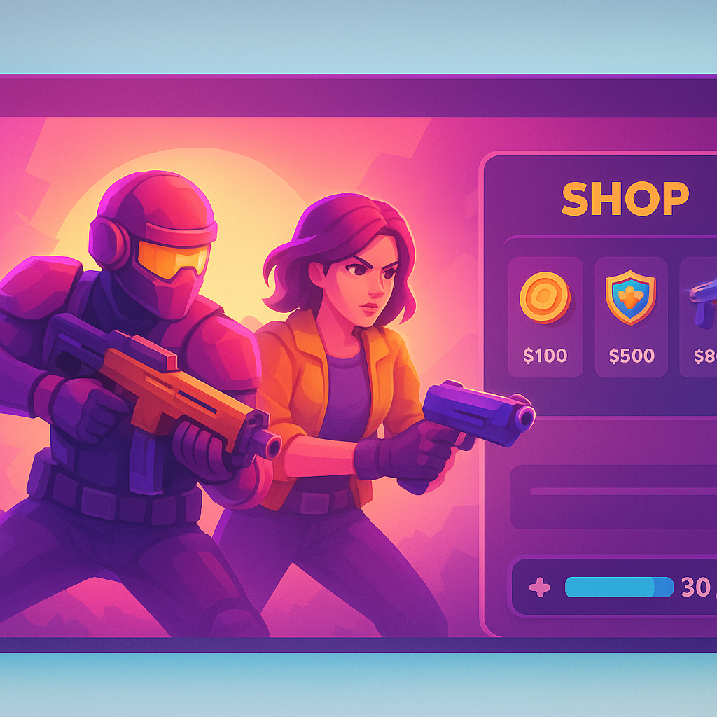 Feature montage: co-op campaign, HUD, and shop